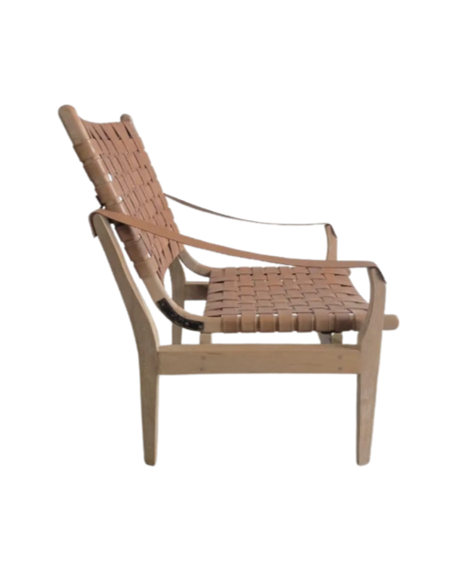 Modern Woven Leather Strap Teak Wood Chair