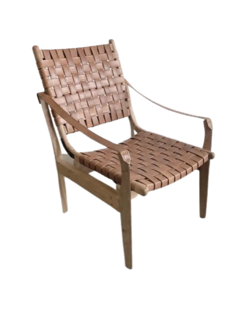 Modern Woven Leather Strap Teak Wood Chair