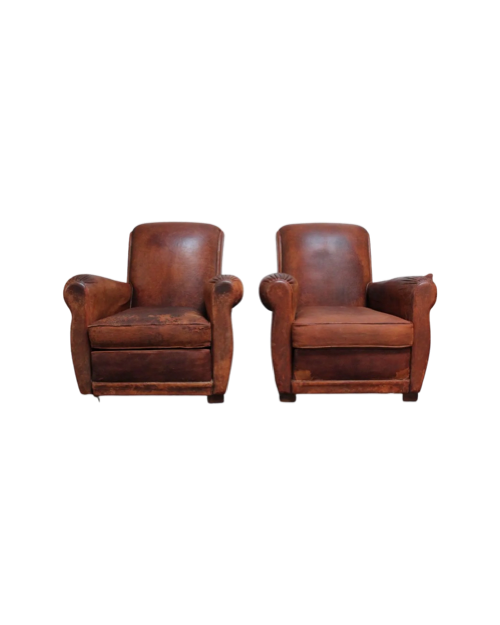 Pair of French Deco Leather Roll Back Club Chairs