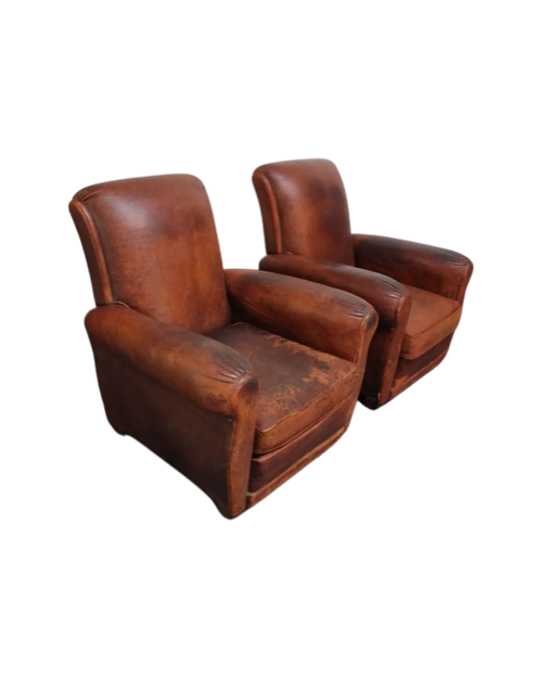 Pair of French Deco Leather Roll Back Club Chairs