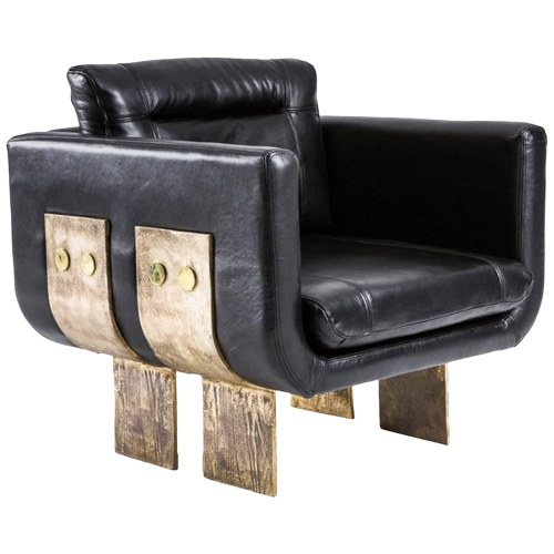 Leather and Stamped Brass Contemporary Chair