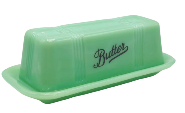 Jadeite Depression Style Glass Covered Butter Dish with Lid